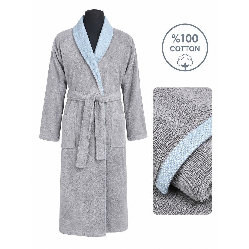 Grey Turkish Cotton Bathrobe Unisex S/M Soft Terry Spa Robe Belted